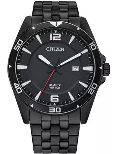 Original price $579.00 An all-black steel watch that brings a commanding look to your day. By Citizen.  Movement: three-hand quartz Case: round; 42mm Strap: black-tone stainless steel bracelet Closure: foldover clasp Dial: black with date window Water resistant: to 100 meters G112-S117852 Classic Black Chronograph Watch With Rectangular Dial, Classic Black Watch Accessories With Date Indicator, Classic Black Chronograph Watch With Date Indicator, Timeless Black Watch With Date Indicator, Timeless Black Watches With Date Indicator, Black Analog Watch With Rectangular Dial, Classic Black Watch With Rectangular Dial, Modern Black Chronograph Watch With Date Indicator, Classic Black Quartz Watches And Jewelry