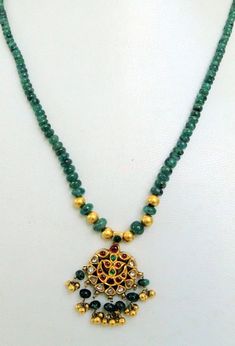 "Vintage antique solid 22 K gold Kundan work pendant necklace. Uncut diamond set with rubies and emeralds in very classic style strung with natural Emerald and gold beads. Total Length of necklace-46 cm(18 \") we can adjust length. size of only pendant-4/2.5 cm, total weight-25 grams(0.87 ounces), Net gold weight approx-15 grams(0.52 ounces)." Vintage Art Deco Necklace, Emerald And Diamond Necklace, Art Deco Emerald, Emerald Bead, Art Deco Necklace, Gold Diamond Necklace, Uncut Diamond, Natural Emerald, Vintage Art Deco