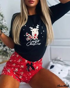 Olivia Mark - Reindeer Print Bowknot Decor Christmas Pajamas Set Christmas Package, Christmas Pajama Set, Print Pajamas, Pajamas Set, Petite Outfits, Christmas Pajamas, Long Sleeve Pyjamas, Casual Sets, Christmas Reindeer