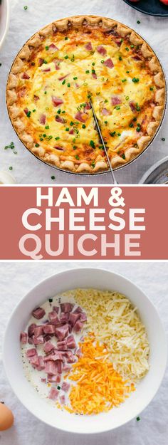 ham and cheese quiche in a white bowl