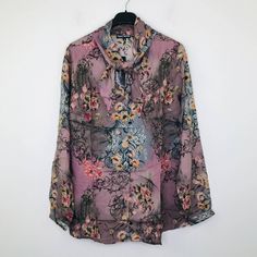 Approximate Measurements: Length 30 In., Width 22.5 In. (Armpit To Armpit). Fitted Pink Floral Print Shirt, Feminine Long Sleeve Multicolor Tops, Feminine Pink Floral Print Shirt, Bohemian Pink Shirt For Spring, Pink Printed Shirt For Fall, Spring Bohemian Pink Shirt, Grey Floral, Tie Neck, Pink Gray