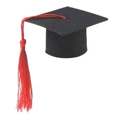 a black graduation cap and tassel on a white background with red string in the center