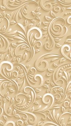 an ornate wallpaper pattern with white swirls and leaves on beige background stock photo