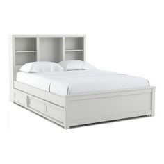 a white bed with an open bookcase headboard and foot board on top of it