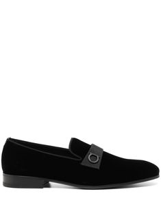 black calf leather velvet branded leather insole Gancini plaque almond toe slip-on style rubber sole Formal Calf Leather Slip-ons With Leather Sole, Formal Tassel Loafers With Textured Sole, Formal Suede Slip-ons With Almond Toe, Formal Slip-on Tassel Loafers With Textured Sole, Designer Formal Slip-ons With Textured Sole, Elegant Formal Slip-ons With Textured Sole, Luxury Slip-on Dress Shoes With Textured Sole, Elegant Suede Monk Strap Shoes With Rubber Sole, Formal Slip-on Loafers With Suede Lining