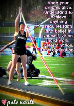 a girl is holding a pole in the air with her hands up and an inspirational quote on it