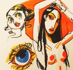 a drawing of two women with one woman's face in the background and an eye