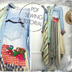 two pictures showing different ways to sew an old jean jacket with flowers on it