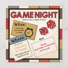 a game night flyer with dices and other items on the front cover, including a clock