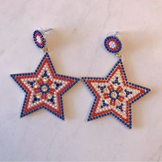 Red White And Blue Star Earrings Rhinestone Geometric Zinc Alloy Patriotic Patriotic Blue Jewelry For Party, Blue Jewelry For 4th Of July Party, Red Star-shaped Party Jewelry, Red Star-shaped Jewelry For Parties, Red Patriotic Beaded Earrings, 4th Of July Blue Drop Earrings, Red Star Charm Earrings, Red Star-shaped Beaded Jewelry, Patriotic Blue Star Jewelry