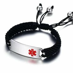 High Quality 13mm Stainless Steel Medical ID Bracelet With Black Rope Strap Casual and straightforward, this Personalized Stainless Steel Medical ID Bracelet with Black Rope Strap is a functional way to accessorize. The adjustable bracelet is made of black braided rope and has a 13mm stainless steel metal ID bar with a medical alert symbol. The metal place can be engraved with your personal information that will alert medical respondents to your needs in case of emergency. This medical bracelet Engraved Promise Rings, Medical Id Bracelets, Medic Alert Bracelets, Forever Gifts, Medical Bracelet, Hippy Gifts, Jewellery Marketing, Black Rope, Medical Alert