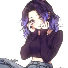 a woman with purple hair and blue eyes is holding her hands to her face while sitting on the ground