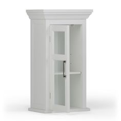 a tall white cabinet with glass doors on the top and bottom shelves, in front of a white background