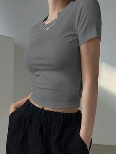 Women's Solid Color Rib-Knit Tight Cropped T-Shirt Grey Casual  Short Sleeve Rib knit   Slight Stretch  Women Clothing, size features are:Bust: ,Length: ,Sleeve Length: Fit Inspire, Tight T Shirt, Tee Shirt Outfit, Trendy Outfits For Teens, Cropped T Shirt, Women T Shirts, Grey Shirt, Crop Shirt, Crop Tee