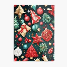 christmas ornaments and decorations on a black background canvas print with red, green, gold and white colors