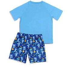 If your child is a fan of the classic Nickelodeon series known as Blue's Clues, featuring the dog known as Blue and the host who invites the audience to find clues with them in an interactive setting, they're going to love this merch! The pajama set-top features Blue with the phrase "Smile With Blue!" The shorts feature an all-over pattern of Blue and different fun shapes. The pajama shorts contain an elastic waistband that fits every fan, and the whole pajama set is 100% polyester. They're perf Blue Cotton Character Print Sets, Blue Cotton Sets With Character Print, Blue Character Print Sleepwear For Playtime, Blue Character Print Playwear Sets, Blue Character Print Sets For Playwear, Blue Cotton Bedtime Sets, Blue Cotton Sleepwear With Character Print, Playful Light Blue Sleepover Sets, Blue Playful Character Print Sets