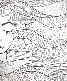 a black and white drawing of a woman's face surrounded by wavy waves, with her eyes closed