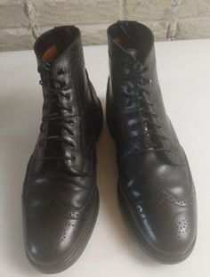 Mens Wingtips | Made in Mane | Men's Brogue Boots | Vintage Men's Boots | Hipster Boots. Dress Boots Mens Size 12 D Black Wingtips. 6 Eye Boots. Rubber Outsoles. Full Brogue. Lace Derby: FLAWS - Extensive Wear on Insoles.   Inserts have wear & discoloring. There is some heel unevenness. Outsoles have plenty of good thread: See photos. Photos are part of this item's condition & description. There is some sole & heel drag/wear. New Oil Coated Laces.  There is leather creasing on outsoles: See photos. These have been polished & waxed. Photos are part of condition. Formal Wingtip Chelsea Boots With Goodyear Welt, Formal Goodyear Welted Wingtip Chelsea Boots, Winter Business Lace-up Boots With Brogue Detailing, Classic Chelsea Boots With Brogue Detailing And Cap Toe, Business Wingtip Lace-up Boots With Brogue Detailing, Classic Wingtip Chelsea Boots For Business, Formal Wingtip Chelsea Boots With Leather Lining, Wingtip Chukka Boots With Brogue Detailing For Derby, Wingtip Chelsea Boots With Leather Lining For Formal Wear