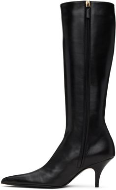 Knee-high polished calfskin boots in black. · Pointed toe · Zip closure at inner-side · Grained leather lining · Covered stiletto heel with rubber injection · Leather sole with rubber injection · H2.75 Supplier color: Black Classic Black Calf Leather Platform Boots, Luxury Patent Leather Knee-high Boots For Formal Occasions, Classic High Heel Platform Boots For Work, Elegant Fitted Patent Leather Knee-high Boots, Modern Knee-high Heeled Boots For Formal Occasions, Luxury Knee-high Boots With Leather Lining For Evening, Luxury Leather-lined Knee-high Boots For Evening, Calf Leather Heeled Boots For Evening, Luxury Knee-high Platform Boots For Formal Occasions