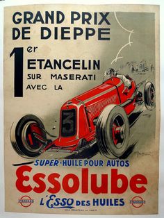 an old red race car advertising for the grand prix de dippe in france, circa