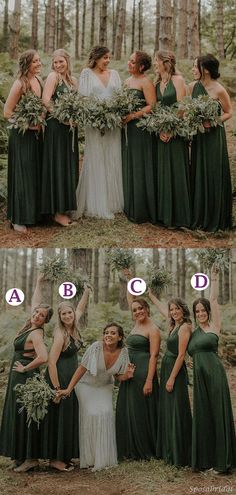 the bridesmaids are wearing green dresses and holding their bouquets