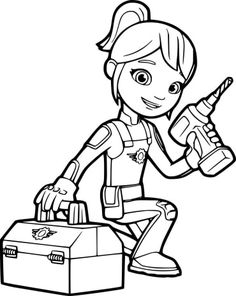 a cartoon girl holding a tool box and pointing to the side with her finger up