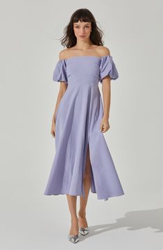 Womens Cocktail Attire, Plus Size Wedding Guest Dress, Off Shoulder Puff Sleeve, Periwinkle Dress, Casual Wedding Guest Dresses, Shoulder Puff Sleeve, Dress Code Wedding, Puff Sleeve Midi Dress, Plus Size Cocktail Dresses