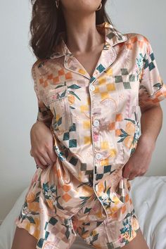 Checkered Picnic Custom Satin Pajamas – Spikes and Seams Orange Sleepwear For Spring Sleepover, Summer Satin Pajama Party Sets, Orange Sleepwear For Pajama Party In Spring, Orange Summer Sleepwear For Sleepover, Satin Sets For Summer Pajama Party, Spring Bedtime Satin Sets, Summer Printed Sleep Sets, Summer Printed Sleepwear Sets, Summer Sleepwear Sets With Printed Details