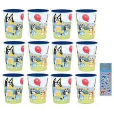 a bunch of cups with dogs and balloons on them