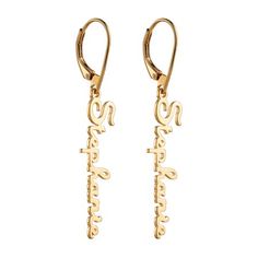 Fashioned of Gold over Sterling, this pair of gorgeous dangling earrings are an exciting way to show off signature style. Personalize with a name 3-10 letters long to create a remarkable gift she'll absolutely love! Size: one size.  Gender: female.  Age Group: adult. Elegant Personalized Name Earrings, Custom Name Dangle Earrings, Personalized Gold Dangle Earrings, Personalized Yellow Gold Dangle Earrings, Elegant Personalized Adjustable Earrings, Elegant Personalized Earrings, Personalized Gold Nameplate Earrings, Personalized Nameplate Gold Earrings, Personalized Gold Earrings