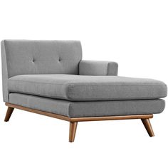 a gray chaise lounge chair with wooden legs