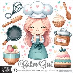 a girl with pink hair wearing an apron and cooking utensils is surrounded by baking supplies