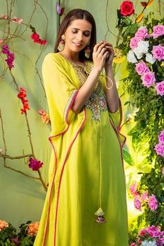 Shop for Miku Kumar Green Georgette Embroidered Kurta And Palazzo Pant Set for Women Online at Aza Fashions Green Kaftan, Kurta And Palazzo, Embroidery Neckline, Pista Green, Kaftan Style, Palazzo Pant, Pant Set, Palazzo Pants, Set For Women