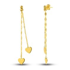 Meaningful polished hearts hang from dazzling mirror chains in these sentimental women's dangle earrings. Fashioned in 14K yellow gold, the earrings secure in place with friction backs. Yellow Gold Jewelry With Dangling Charms For Valentine's Day, Elegant Heart Earrings With Dangling Charms For Valentine's Day, Elegant Valentine's Day Heart Earrings With Dangling Charms, Valentine's Day Yellow Gold Jewelry With Dangling Charms, Valentine's Day Gold Earrings With Dangling Charms, Yellow Gold Dangle Heart Earrings, Valentine's Day Yellow Gold Dangle Earrings, Gold 14k Heart Dangle Earrings, 14k Yellow Gold Heart Drop Earrings