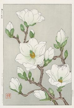 a painting of white flowers on a gray background