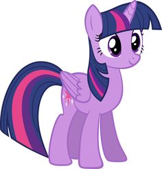 a pony with purple hair and pink tail, standing in front of a white background