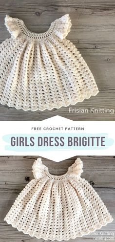 two crocheted baby dresses with the words, free crochet pattern girls'dress