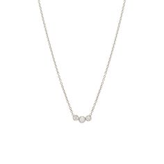 14k gold 3 graduated white diamond necklace with a white opal in the middle SPECIFICS • 14k tiny cable chain with spring ring closure • Total chain length: 16" (14"+ (2) 1" extenders) • curved bar is approx. ⅜" wide• white diamonds 0.06 ctw White Diamond Necklace, Bezel Necklace, Curved Bar, Bezel Diamond, Ring Size Guide, Gold Chain Necklace, White Opal, White Diamonds, Bracelet Sizes