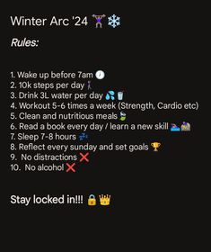 my fitness rules for the winter arc challenge. Action Board Winter Arc, Winter Arc Rules Women, Winter Arc Rule, Winter Arc Glow Up, Winter Arc Gym Motivation, Winter Arc Motivation Aesthetic, Winter Arc Routine, Girls Gym Aesthetic, Winter Arc Goals