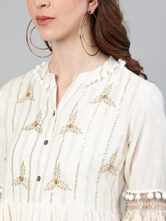 Cotton Off White Lurex Embroidered A-Line Dress, Has Mandarin Collar & Bell Sleeves, Which Is Comfortable To Wear For All Seasons. Material: Cotton Sizes: To Fit Bust(in inches): XS(32), S(34), M(36), L(38), XL(40) Wash Care: Dry Clean Pattern: Embroidered Style: Indo Western Dress, Indian Dress, Boho Dress, Pure Cotton Indian Tunic, Indian Kurti Occasion: Party Dispatch within 7 days Best Kurtis, Indian Kurti, Indian Tunic, Indo Western Dress, Western Dress, Off White Dresses, Dress Indian, Indian Dress, White Dresses For Women