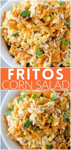 two pictures with the words fritos corn salad on them