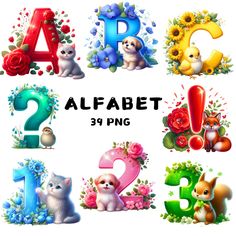 the letters and numbers are decorated with flowers, leaves, and animals for children's birthdays