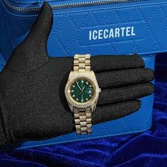 Elevate your style with this luxurious Moissanite Presidential Watch. Crafted in 14K yellow gold and featuring a striking green face, this timepiece is adorned with 13.3 carats of dazzling Moissanite stones. Perfect for making a statement at any occasion. #LuxuryWatches #MoissaniteJewelry #PresidentialWatch #GoldTimepiece #HighFashion Moissanite Watch, Green Dial Watch, Watch Green, Custom Jewelry Box, Yellow Plates, Flawless Diamond, Diamond Tester, Moissanite Jewelry, Silicon Bands