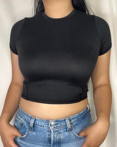 soft crop top with flattering side stitch detailing 94% polyester, 6% spandex model wearing a medium Tops For Apple Shape, Apple Shape, Side Stitch, Shein Outfits, Crop Top Outfits, Streetwear Fashion Women, Big Girl, Women Clothes, Black Crop Tops