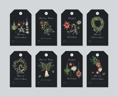 christmas gift tags with ornaments and wreaths on black background, set of six illustration