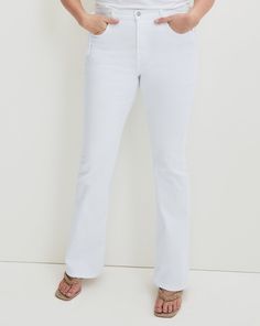 In our fresh white wash, the Beverly jean features a high-rise waist that is fitted through the hips and thighs with a subtly flared leg. High quality stretch denim offers a flattering look with a flexible fit. Tuck in any of our tops and add sky-high heels for an elongating silhouette. Trendy White Stretch Flare Jeans, Trendy White Denim Flare Jeans, Trendy White Mid-rise Flare Jeans, Trendy White High-rise Flare Jeans, White Stretch Flare Jeans, White Flare Denim Jeans, High Rise White Flares For Spring, White Stretch Casual Flare Jeans, White Stretch Flare Jeans Casual Style