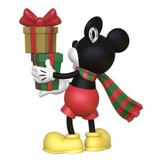 a mickey mouse holding a gift wrapped in red and green