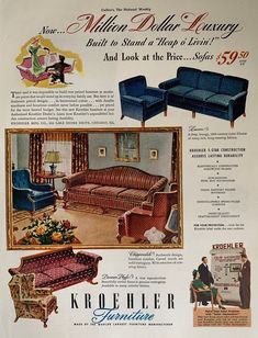 an advertisement for a couch and loveseat from the 1950's