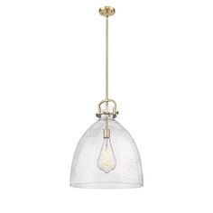 a light fixture with a glass shade on the bottom and an open bulb hanging from the ceiling