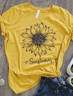 Sunflower graphic tee Spring Graphic Tee With Print, Spring T-shirt With Text Print, Spring Letter Print Graphic Tee, Spring Graphic Tee With Letter Print, Spring T-shirt With Front Print And Relaxed Fit, Trendy Printed Yellow T-shirt, Trendy Yellow Printed T-shirt, Spring Yellow T-shirt With Screen Print, Yellow Screen Print T-shirt For Spring